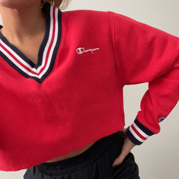 Champion Tops - Cropped Champion Sweatshirt Red Navy Blue White Medium